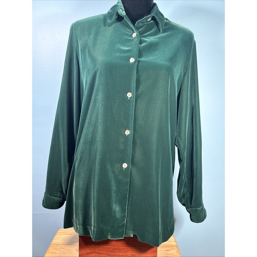 Lands' End Emerald Green Button-up Blouse   (Women’s 10, Petite) Velvet Texture